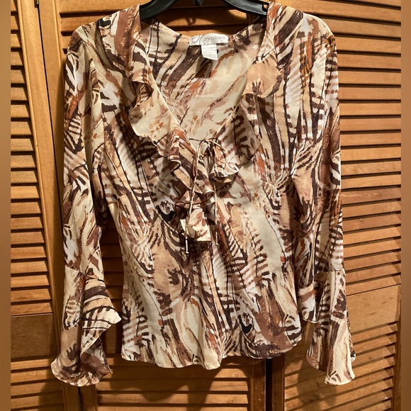 DressBarn Brown, Tan & Beige Chiffon Bell Sleeves Ruffled Collar Top - Picture 1 of 16